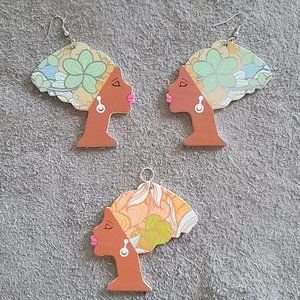 Cute Wooden Hook Style Dangle Pierced Earrings & Pendant Set * Jewelry, Fashion